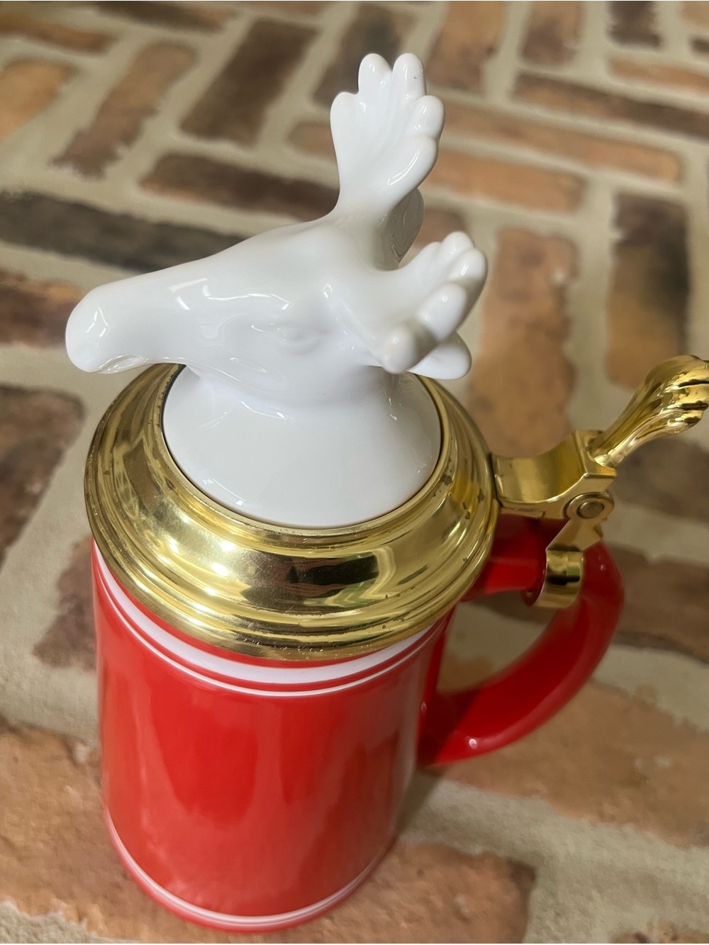 Threshold Red Ceramic Stein with White Moose Finial and Gold Lid 2015